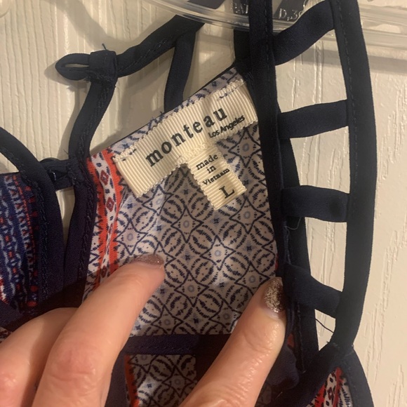 Monteau Top Womens Large Blue red Navy Boho Striped Pullover Blouse - Picture 9 of 9